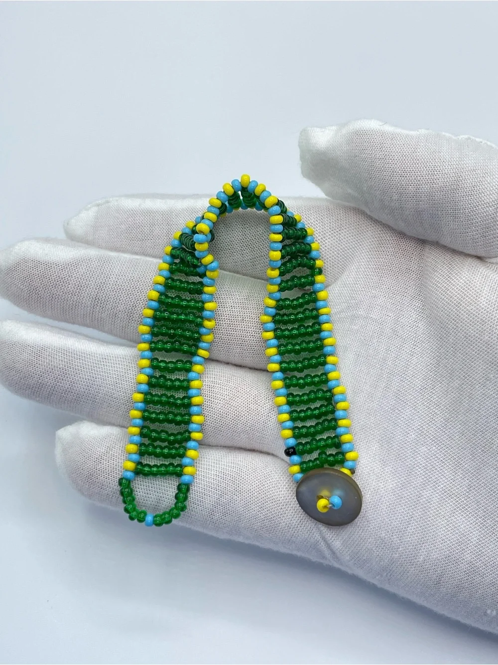 Handmade Green Blue Yellow Seed Bead Mother of Pearl Wide Bracelet Boho